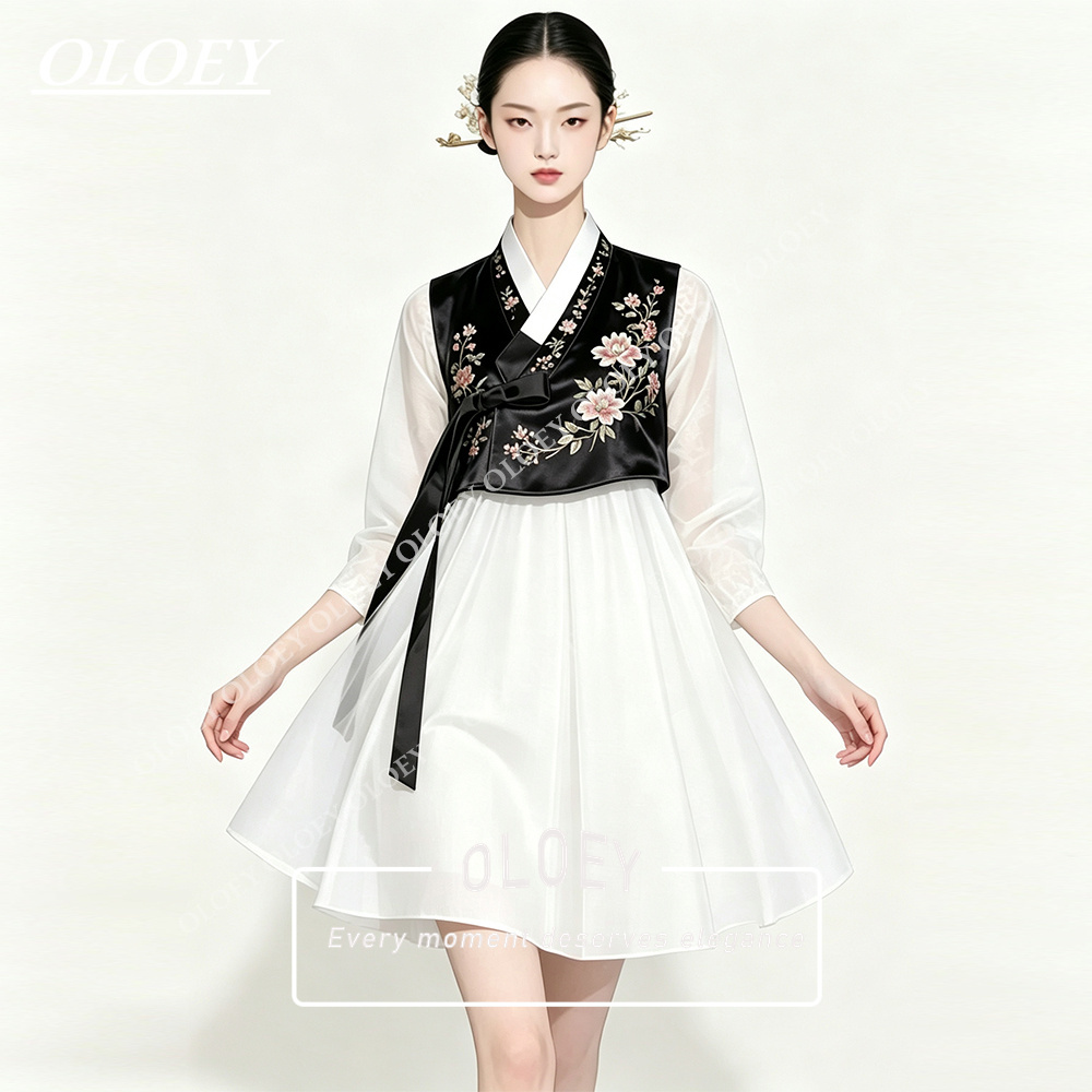 Hanbok Modern Set - OLOEY Şık Siyah Saten Fildişi Şifon